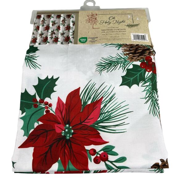 Christmas Shower Curtain Oh Holy Night Poinsettia Pine Hooks New - Picture 7 of 14